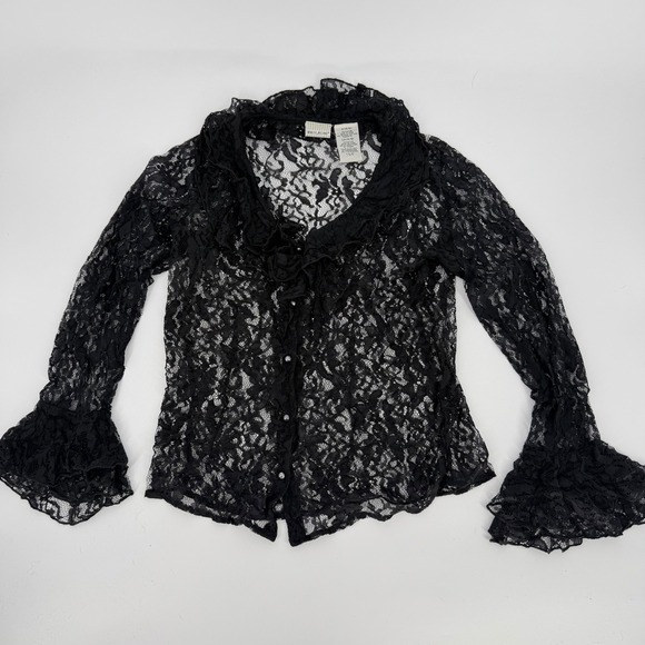 Y2K Black Lace Ruffle Goth Romantic Sheer Blouse Small Layered Fairy Grunge Top - Picture 10 of 13